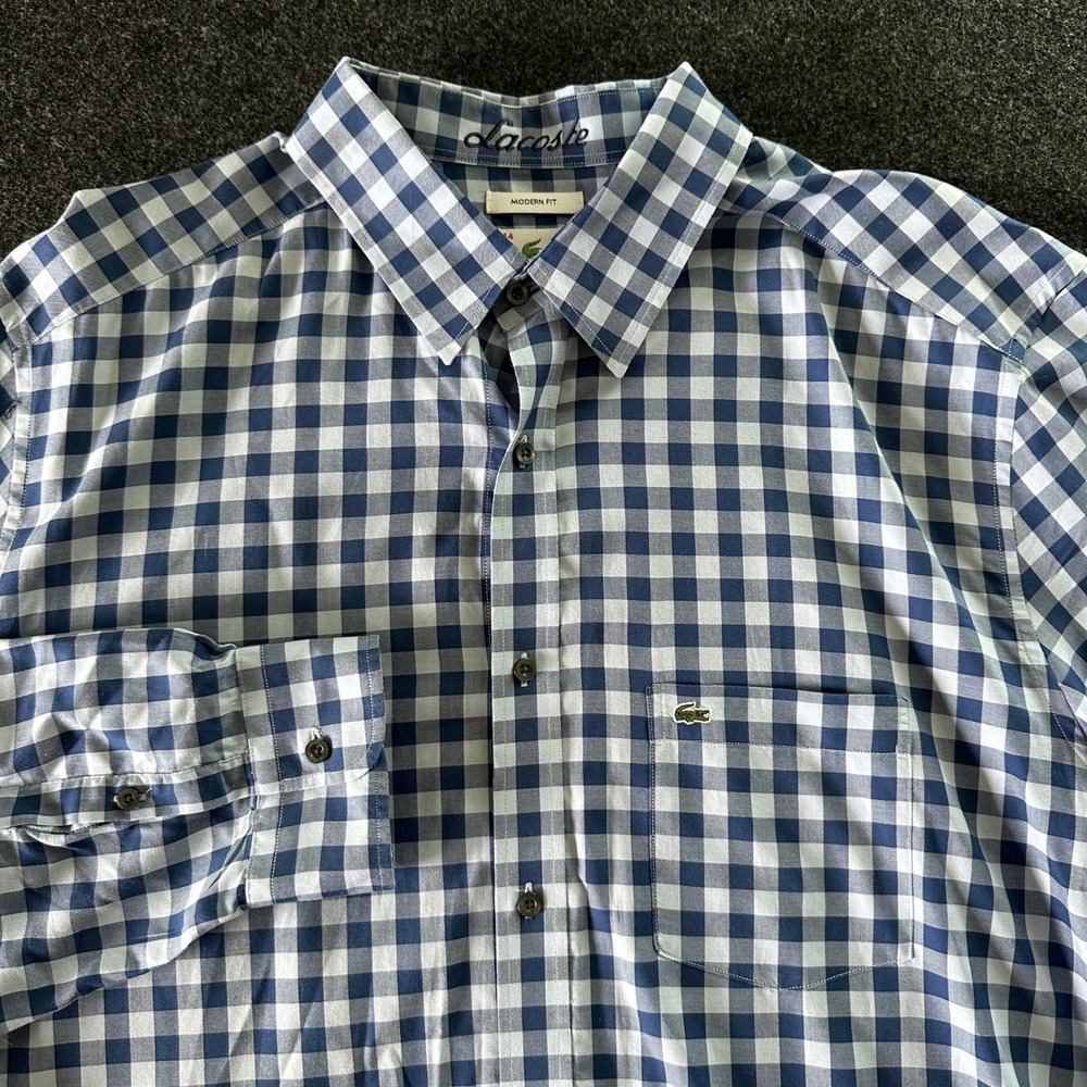 Lacoste Mens Gingham Button Down Shirt Blue White Modern Fit Size 44 XL